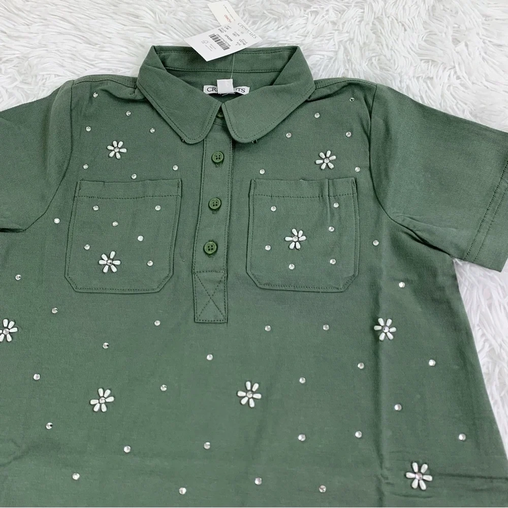 Crewcuts‎ NWT Girls' flower-embellished shirt-dress in twill olive green